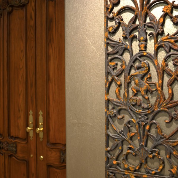 Exterior iron panels are brought inside to adorn a metallic wall with rich color and texture.